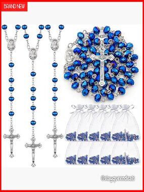 12 Blue Rosary Necklace Set with Crucifix, 21 inch Bulk Catholic Prayer Gifts
